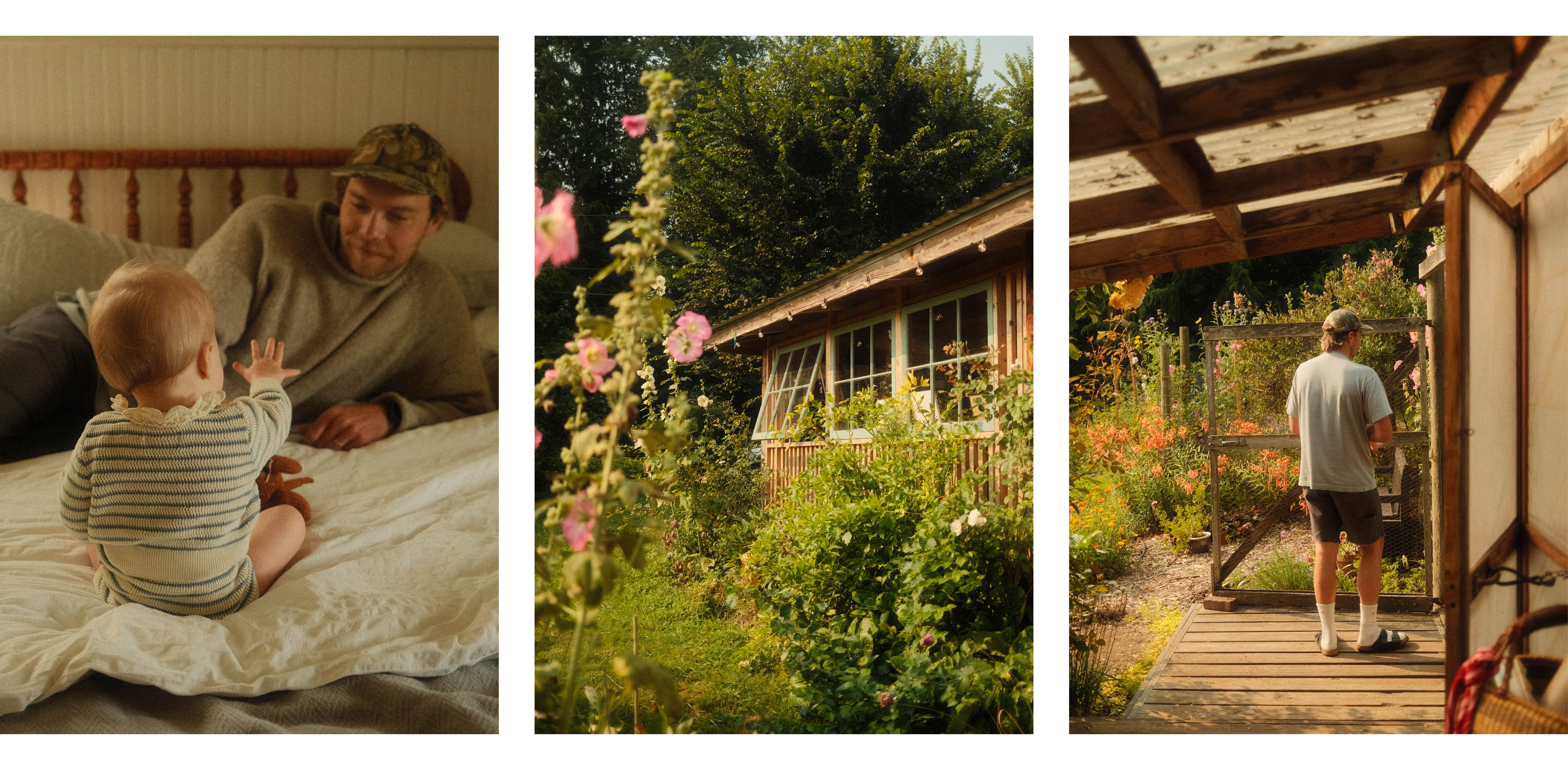 3 images together of a baby and a dad on a bed, a garden shack, and a man walking through a garden