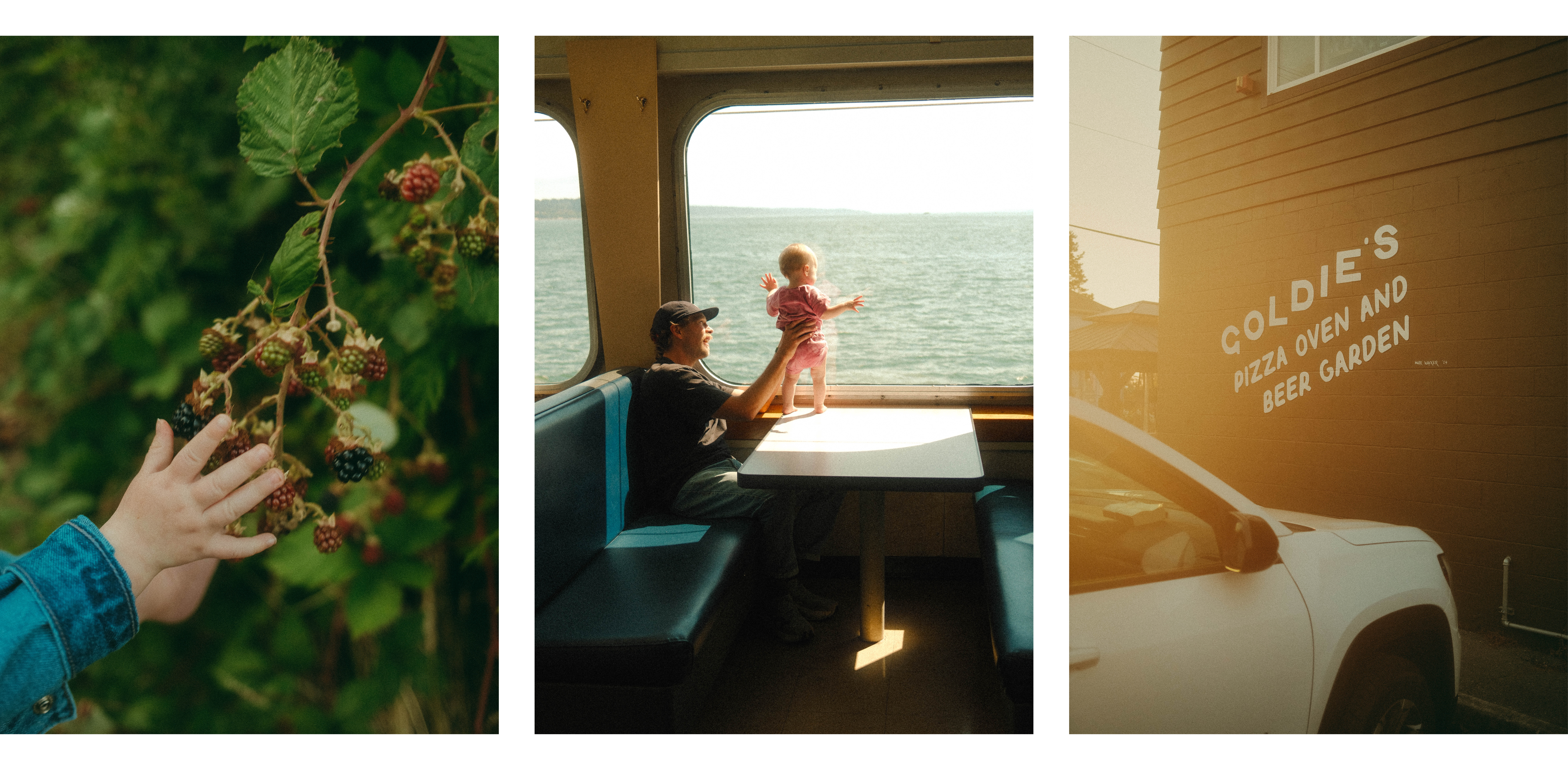Triple image of a baby's hand in front of berries, a man and a baby on a ferry, and a pizza restaurant sign