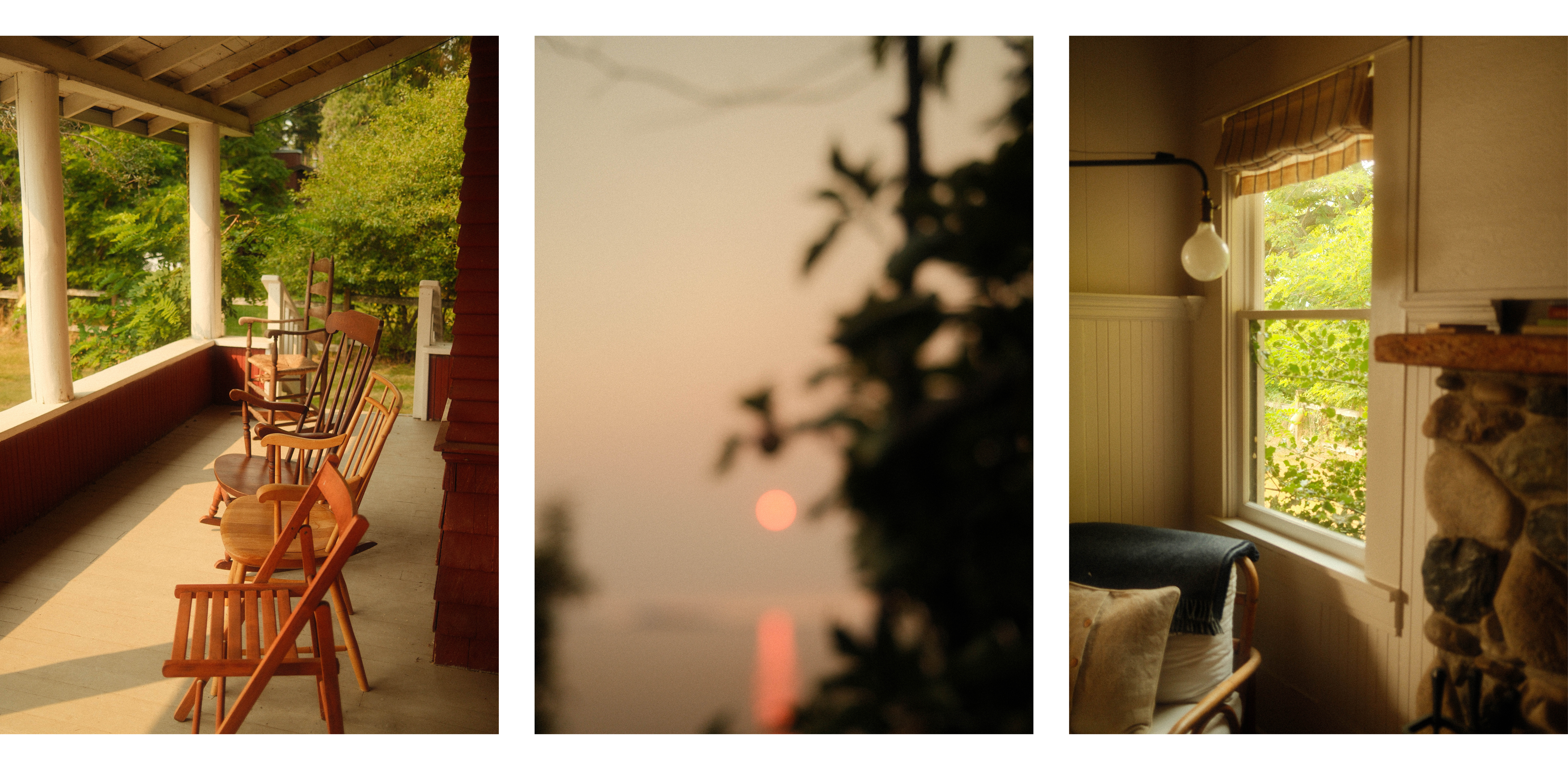 3 Images of a front porch with chairs, foliage in the setting sunlight, and a window in a living room
