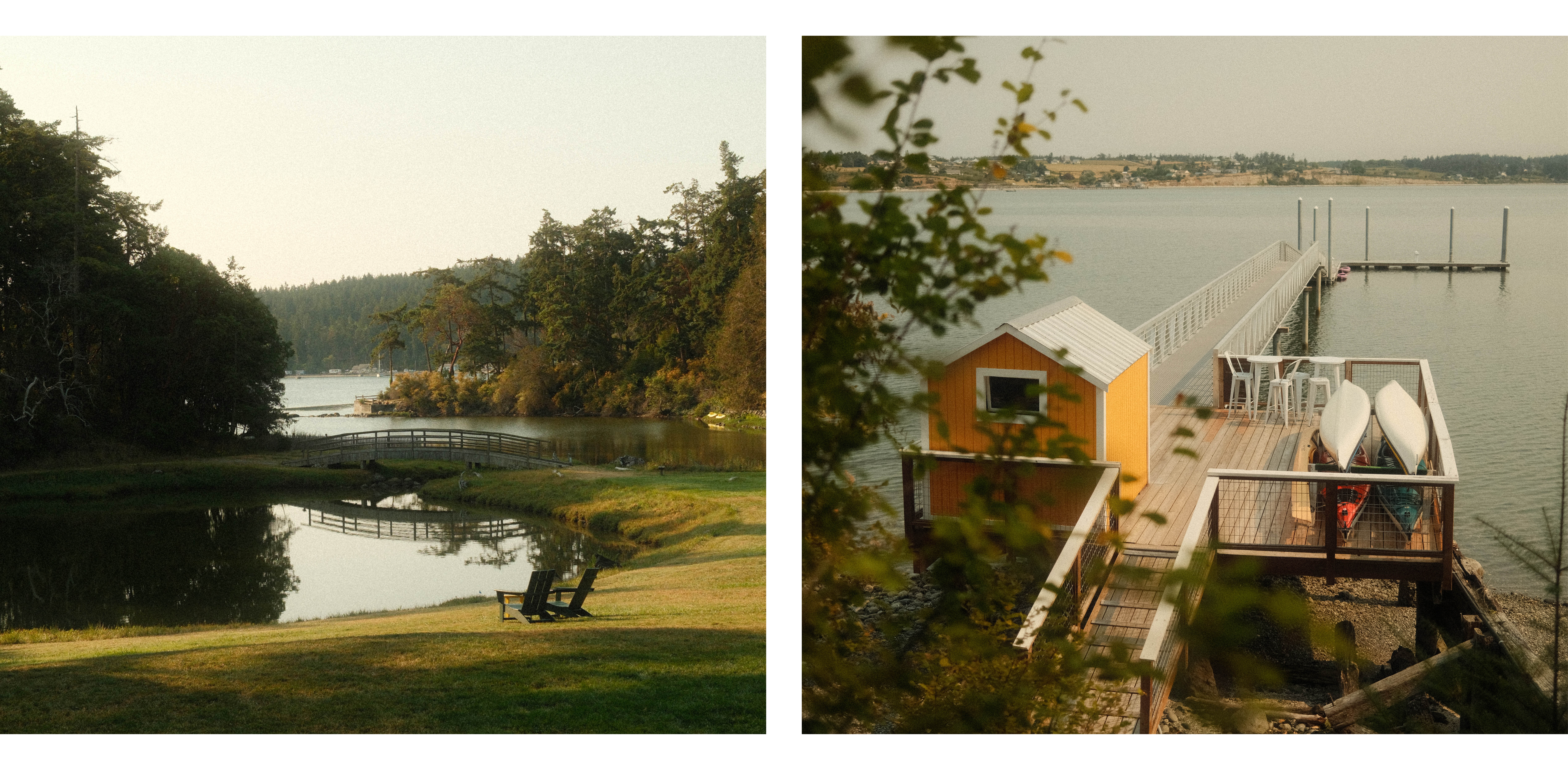 Side-by-side image of a lagoon and a dock with a yellow boathouse