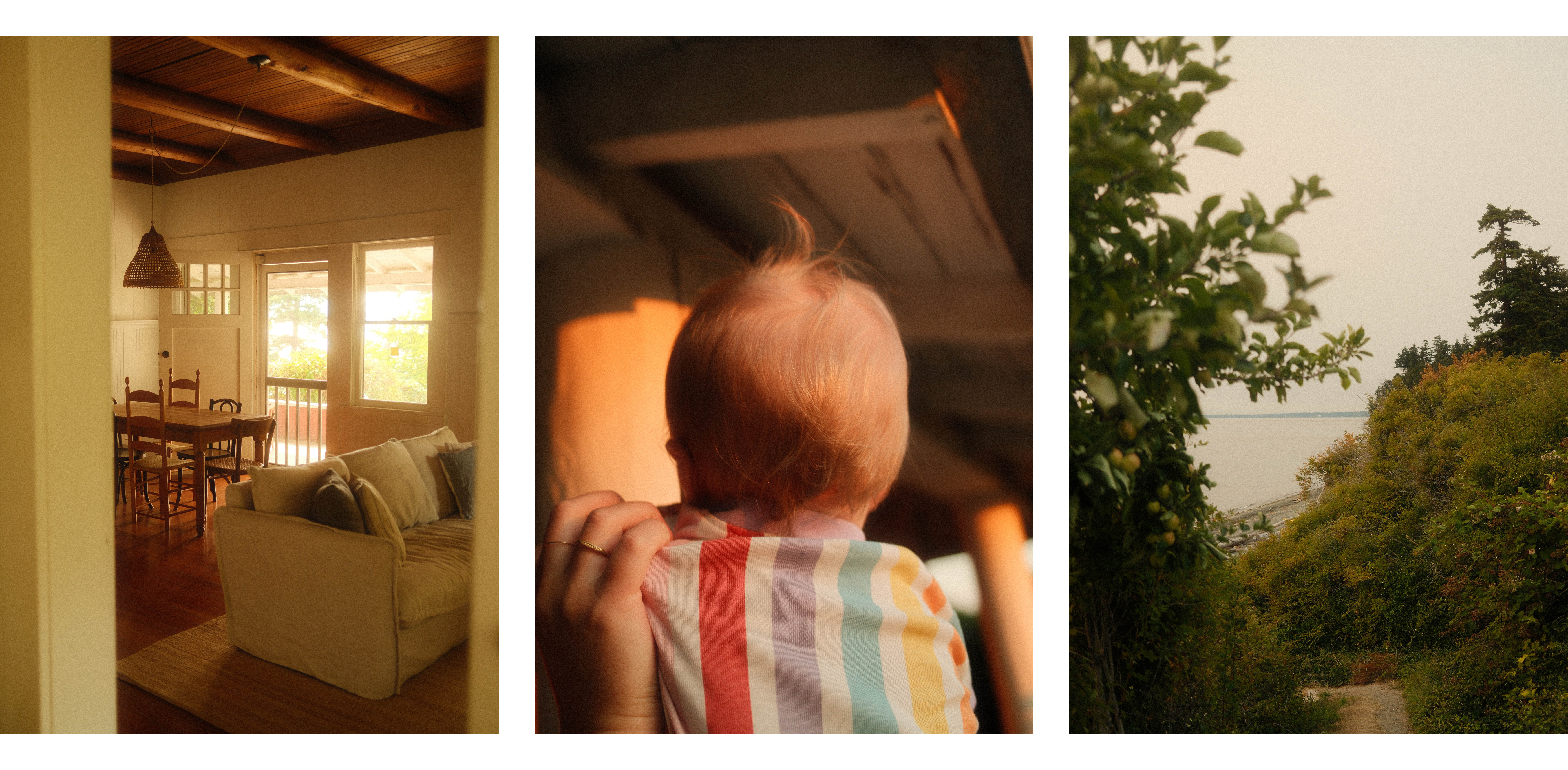 3 images side by side of a dining room, a baby with striped pajamas, and a path to the beach